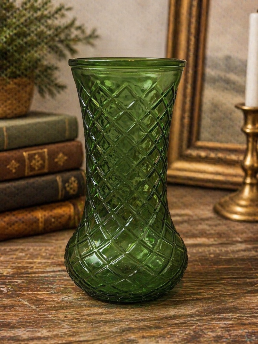 Vintage Green Glass Vase Diamond Pattern Decor